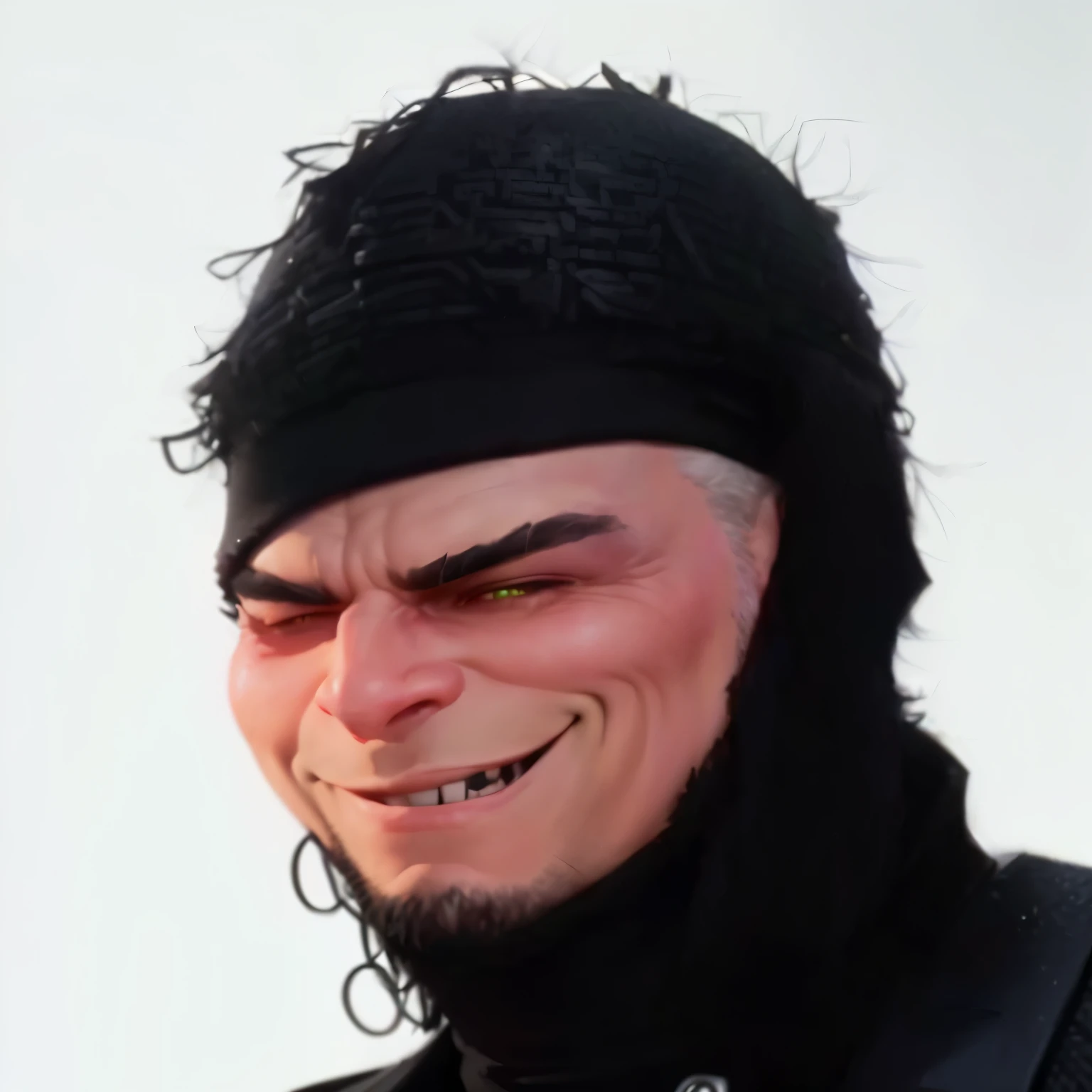 close-up of a man wearing a black hat and black mask, Shrek as Neo from The Matrix, Gru from the ugly me, as a fortnite character, Duke Shrek, thank you meme, MK Ninja, soldier, Balaklava, evil grin, thick, Agent Pekka, like a plasticine character, nasty grin