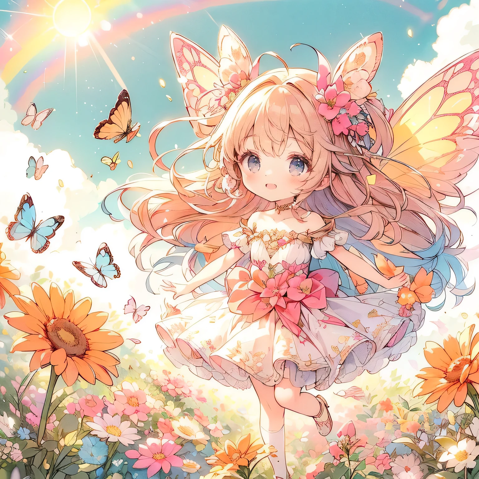 (Exquisite, beautiful, Very detailed, masterpiece, High resolution,high quality,High resolution),(Well-formed face,Soft and thin lines: 1.2, beautiful, Delicate and vivid illustrations with a mature and clear feel) ,(A princess with fairy wings like a butterfly is holding flowers she picked in a flower field under a big rainbow, the sun, and a beautiful blue sky.), ((Ultra Wide Shot, Ultra-wide angle of view,whole body)) ((fun, looks fun,smile,Full of energy)), (corolla, Earrings, Beautiful choker,), ((pastel colourのボールガウンドレス, Balloon Sleeve,Fairy wings from the back)), (Deep pink cheeks、Plump pink lips,Big Bus, Fair skin, Good style), (Light of the sun, pastel colour, Bright atmosphere, colorful, Bright colors,Fantasy),