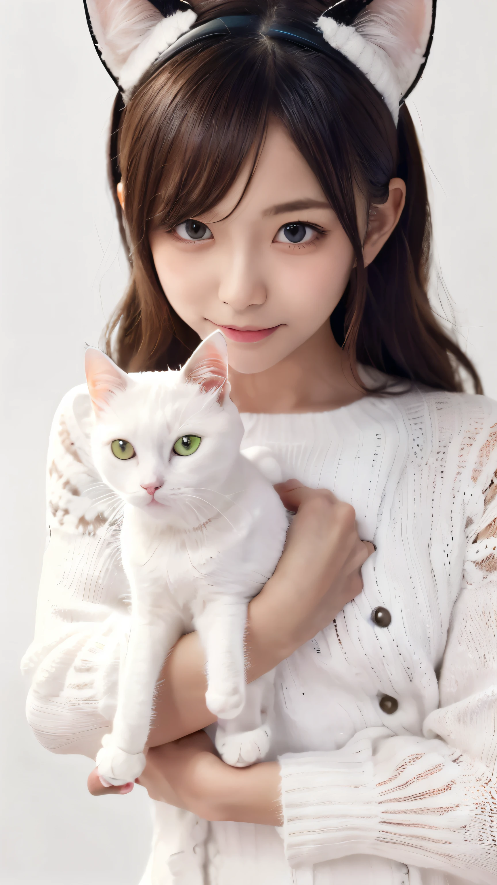 masterpiece, 4K, Bokeh, (only:1.5), High school girl, (Japanese idle:1.6), (Cat ear:1.3), (Soft hair:1.3) , (White knitted bodysuit:1.6),  Blushed, Looking at the audience, Cowboy shooting, (Holding a beautiful white cat :1.3), (White background :1.4), 