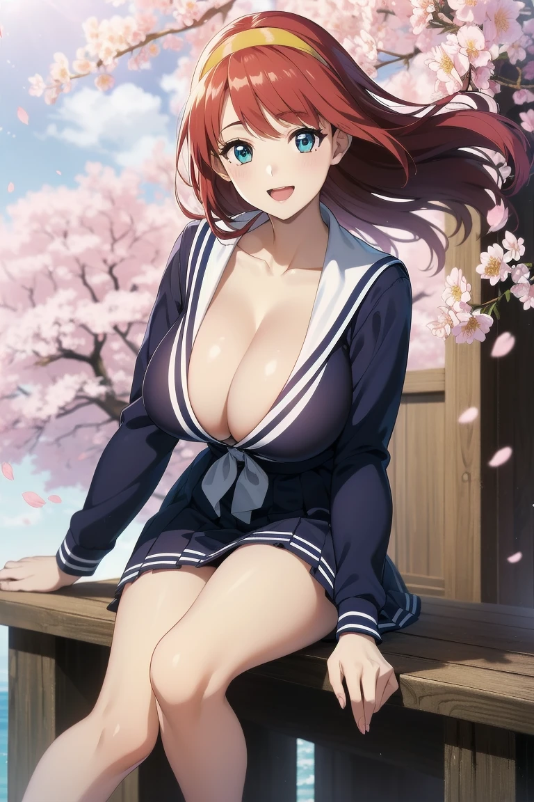 (Very exquisite beautiful face and eyes:1.2),(Laugh together),((Large Breasts))、Skirt fluttering in the wind、Fresh Skin、Beautiful feet,Sailor suit、,Redhead、Yellow headband、cherry blossoms、(((Cleavage、Areola、)))
(highest quality,masterpiece:1.2),1 girl,Observe the audience,
Natural light,Hair blowing in the wind,Beautifully detailed skies,