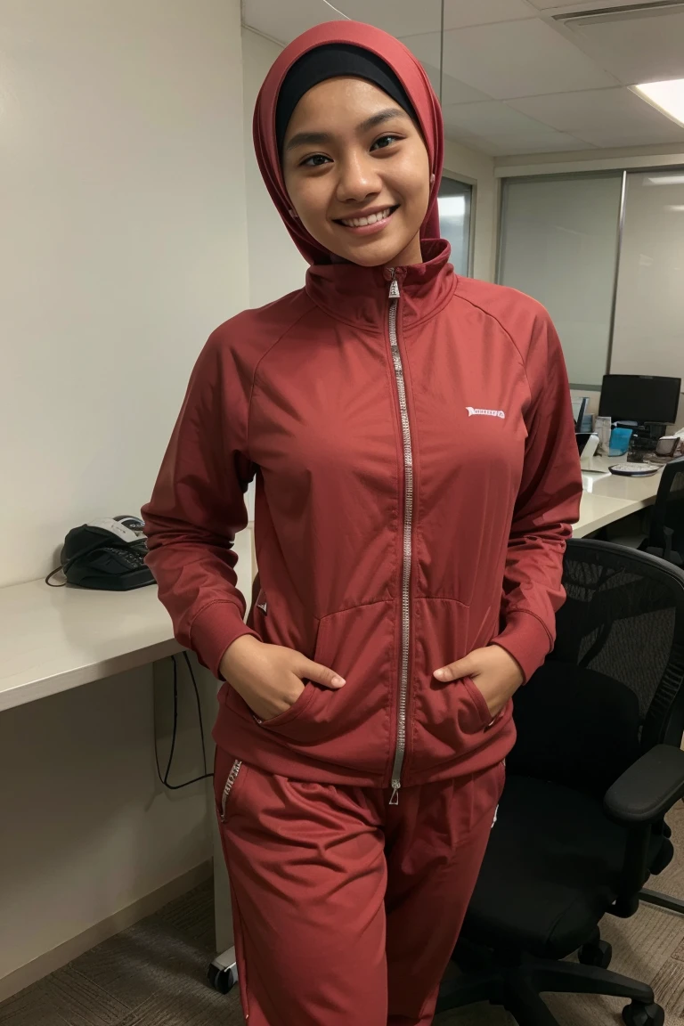 20 year old teenage malay woman with hijab,wearing shirt,wearing tracksuit,hands on pocket,office background,smiling
