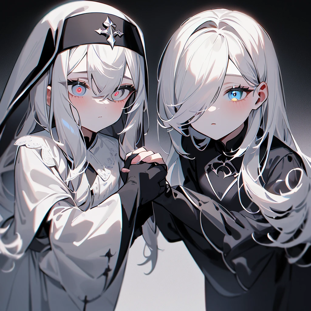 Two Girls,duo,Portraiture,pale colour,masterpiece,highest quality,so beautiful,Absurd,Alternative color,chromatic aberration,Inner hair color, High Contrast, Marble Eyes,human,habit,body,encouragement, Hand Grips, Clutching my hands,Dark, only human,Hair on one eye, Hair between the eyes,Kneel,Black vs. White,Angels and Demons