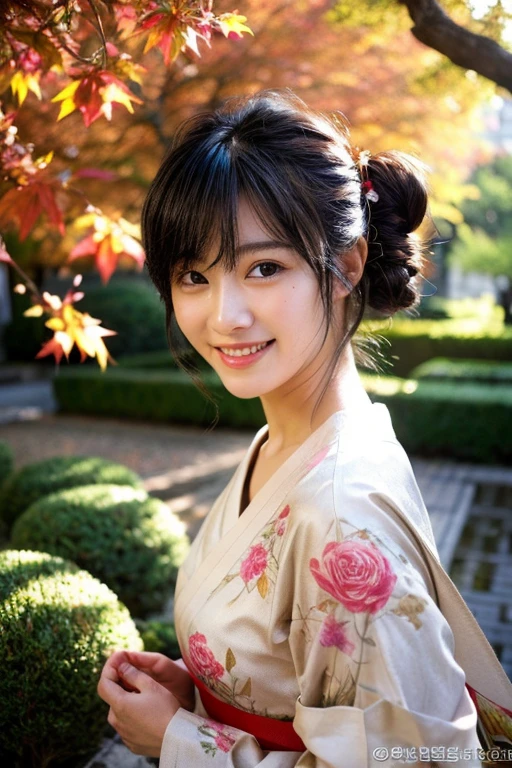(realistic:1.3), rembrandt lighting, (masterpiece:1.2), (photorealistic:1.2), (best quality), (detailed skin:1.3), (intricate details), ray tracing,1girl, japanese girl, 21 years old, detailed skin texture, (blush:0.5), subsurface scattering, smiling, updo hair, bangs, hair between eyes, hair ornaments, kimono, floral print, wearing edgJF_kimono, seiza (bright sunny day, autumn setting, autumn trees and leaves, (zen garden:1.2)
