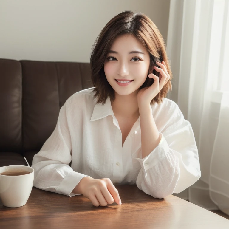 ((highest quality)), ((masterpiece)), (Familiar), Perfect Face, masterpiece、highest quality、High resolution、wallpaper、Realistic、Bright lighting、Professional Lighting、Face Light、Smooth lighting、Japanese women、20th Gen Midplate、so beautiful、Beautiful Skin、Beautiful and detailed、Familiar顔、slim、moderately、short hair、Brunette colored hair、Brown eyes、Looking at the camera、Commercial Photography, Beautiful Instagram Influencer Girls, The best smile,Asahi、Living room table at home、Linen loose shirt