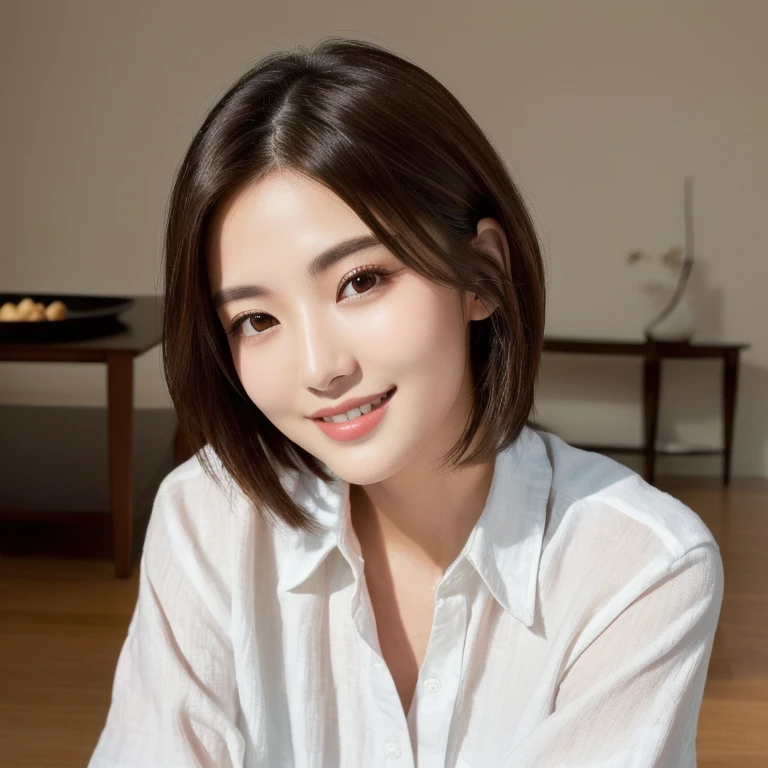 ((highest quality)), ((masterpiece)), (Familiar), Perfect Face, masterpiece、highest quality、High resolution、wallpaper、Realistic、Bright lighting、Professional Lighting、Face Light、Smooth lighting、Japanese women、20th Gen Midplate、so beautiful、Beautiful Skin、Beautiful and detailed、Familiar顔、slim、moderately、short hair、Brunette colored hair、Brown eyes、Looking at the camera、Commercial Photography, Beautiful Instagram Influencer Girls, The best smile,Asahi、Living room table at home、Linen loose shirt