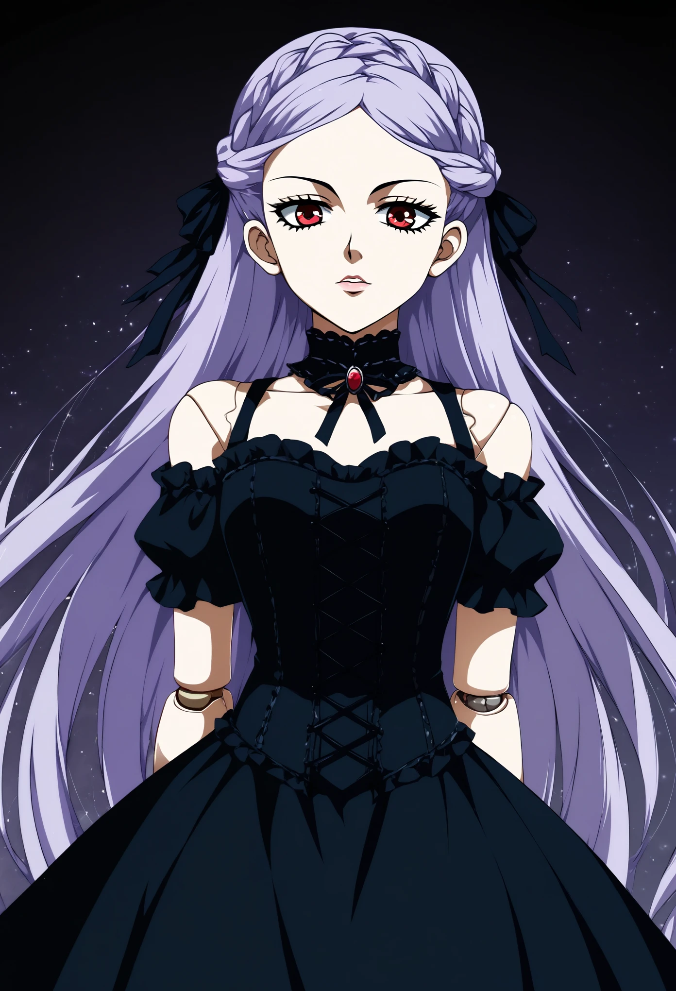 masterpiece, illustration, best quality, menacingjojo, cg, wallpaper, 1girl, solo, light purple hair, long hair, french braid, single sidelock, red eyes, multicolored eyes, small breasts, flat chest, , victorian dress, embellished dress, black dress, corset, neckwear, off-shoulder dress, frills, doll, doll joints, dynamic pose, leaning back, from below, looking down, looking at viewer, arms behind back, text, upper body, portrait, cold, neutral