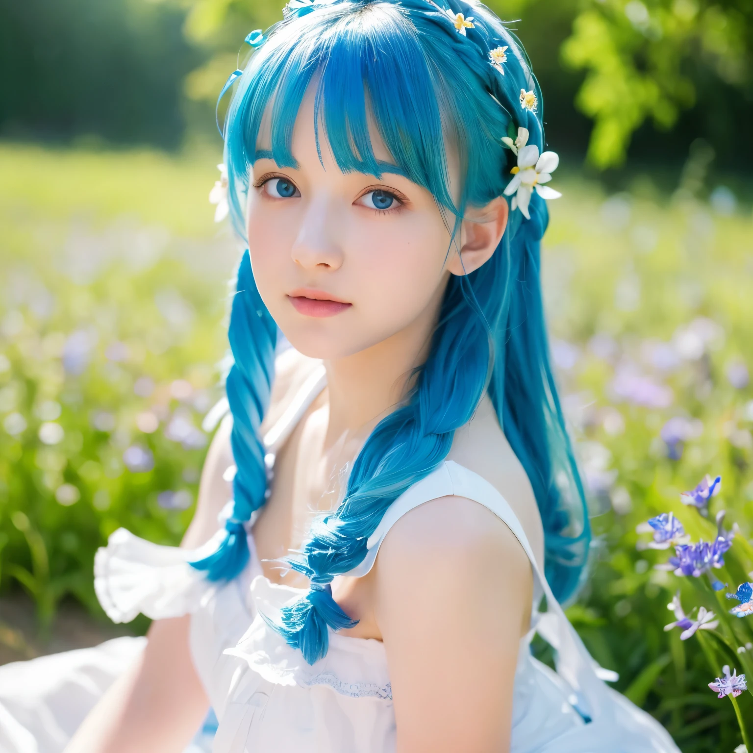 (highest quality,4K,High resolution,masterpiece:1.2),Very detailed,Realistic,High resolution,anime,girl,Blue Hair,White Dress,I deny that,Beautiful fine details,Beautiful lip detail,Sit on the ground,Wildflowers around her,wood々Sunlight shining through,Peaceful atmosphere,Vibrant colors,Soft Shadows,Dreamy Style,Sole