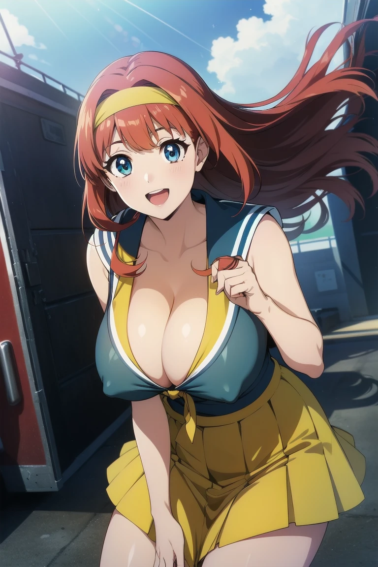 (Very exquisite beautiful face and eyes:1.2),(Laugh together),((Large Breasts))、Skirt fluttering in the wind、Fresh Skin、Beautiful feet,Sailor suit、,Redhead、Yellow headband、Space Battleship Yamato、(((Cleavage、Areola、)))
(highest quality,masterpiece:1.2),1 girl,Observe the audience,
Natural light,Hair blowing in the wind,Beautifully detailed skies,