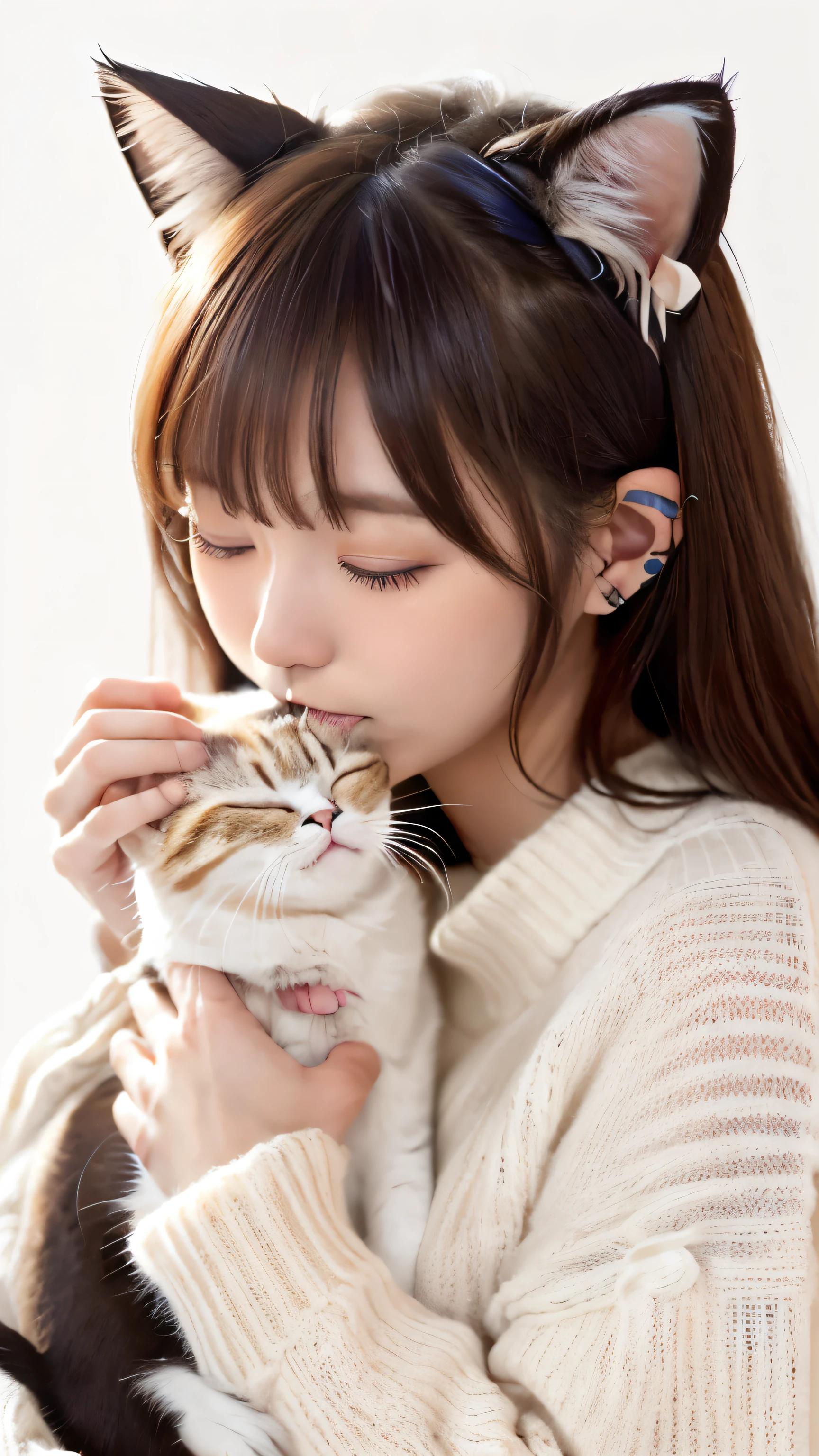 masterpiece, 4K, Bokeh, (Lovely:1.5), (beautiful girl:1.3), (Japanese Idol:1.6), (Cat ear:1.3) , (sweater:1.3), (I love cats:1.6), Blushed, close, (Holding a Lovely sleeping white cat :1.5), (Kissing a cat:1.3), (White background :1.4),