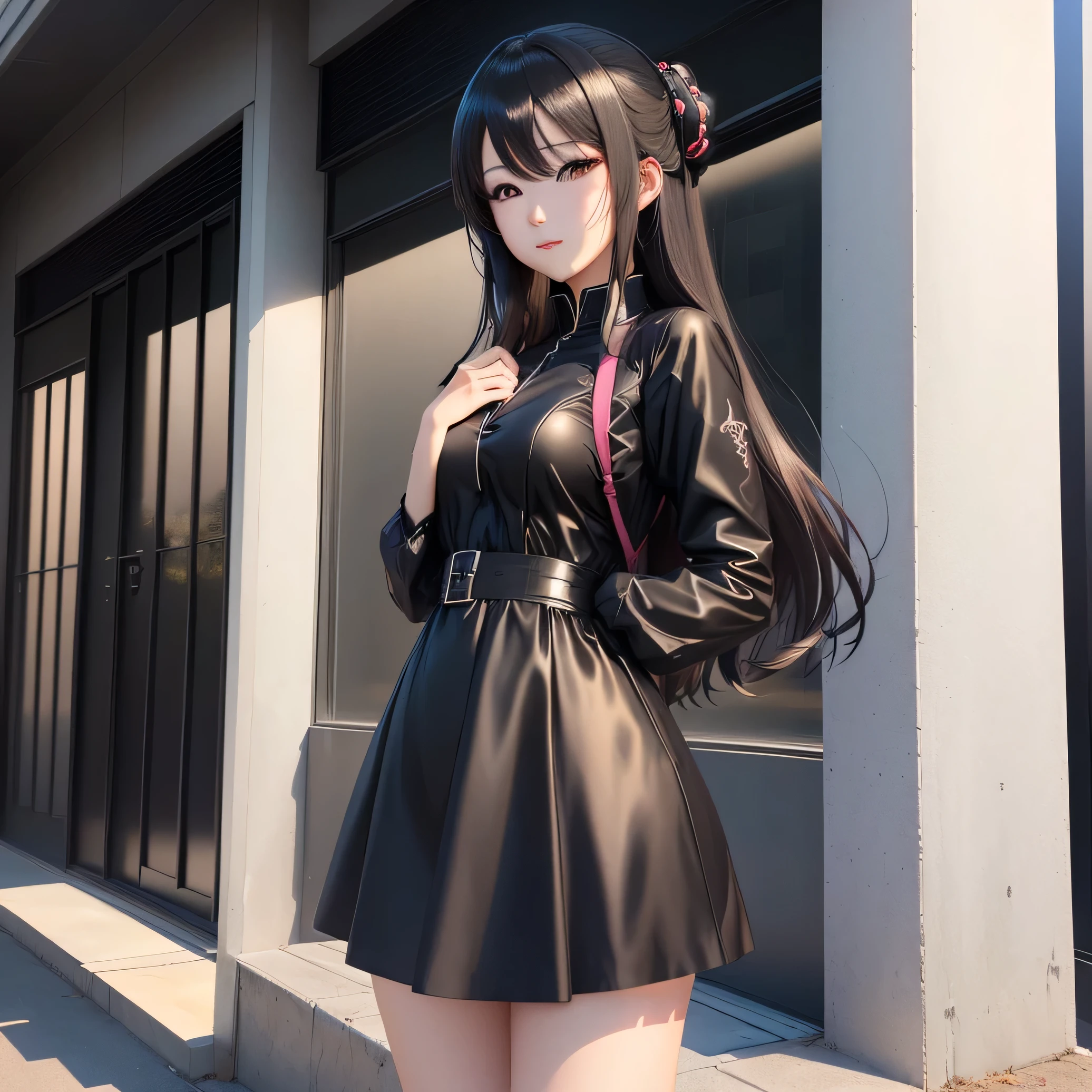 Anime Girl in black dress posing in front of a building, seductive Anime Girl, attractive Anime Girl, Anime Girl wearing a black dress, beautiful Anime Girl, Smooth anime CG art, Realistic anime 3D style, Anime Girl, pretty Anime Girl, Realistic anime art style, anime style. 8k, Cute Anime Girl in a beautiful skirt, realistic young Anime Girl