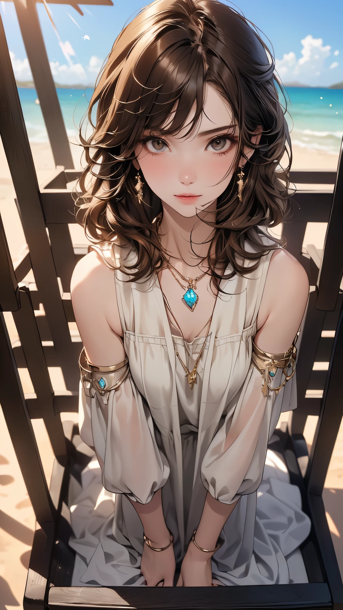 ((Biologically correct limb count))、((Full Body Shot, Full-body photo including face))、4K、masterpiece、((Focus on the face))、((Symmetrical facial features))、Eyes of meticulous depiction、Beautiful woman、Excellent style、Beautiful feet、(High heels)、Facial detailing、Small earrings、necklace、((Close-up photo of the upper body))、(Sleeveless upper body、Box Pleated Cart)、Strong sunlight、Scene of walking on the beach、Brown Hair、Shortcuts