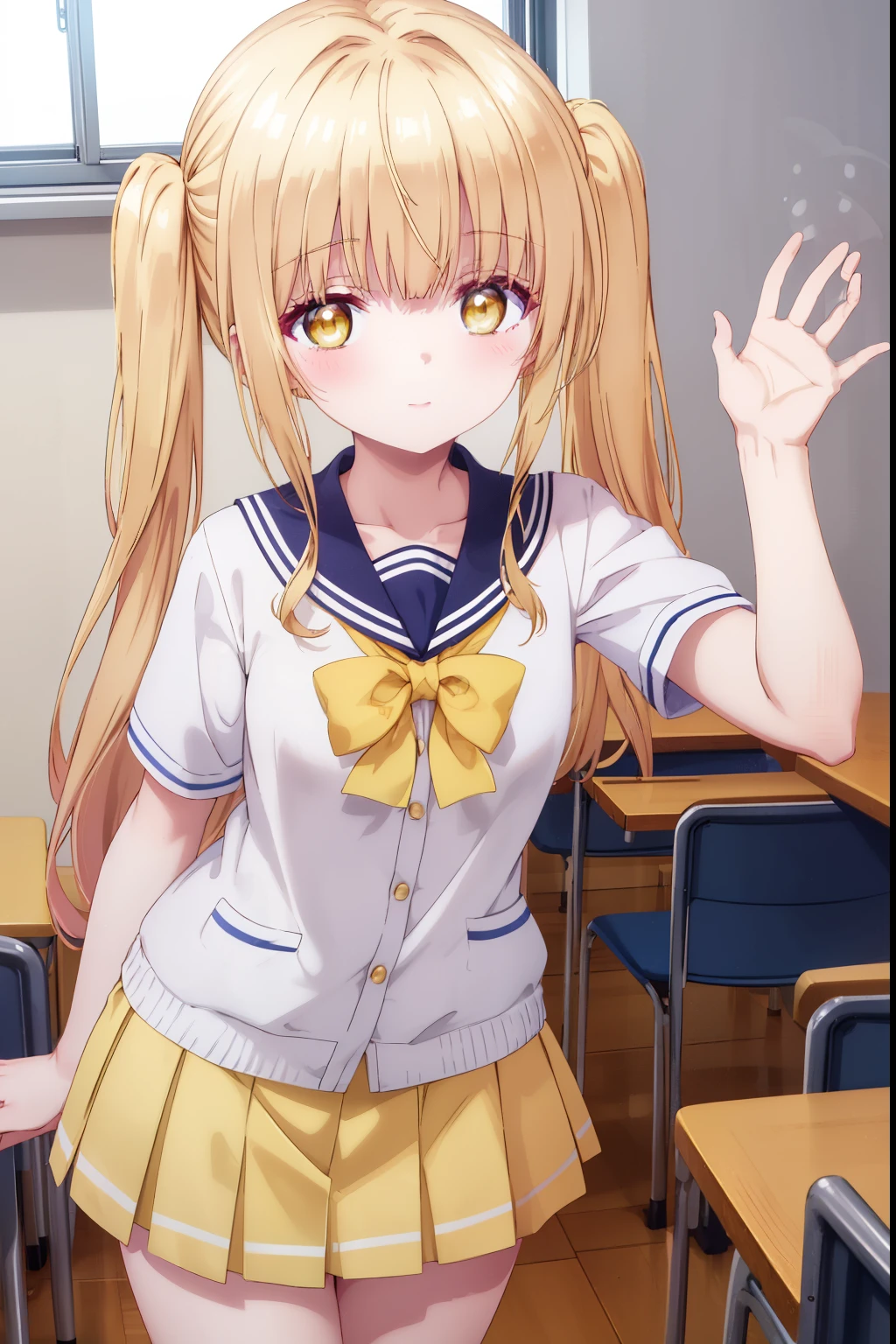 Mahiru shiina, , blonde, (Yellow Eyes:1.3)、Twin tails,,blush,smile,Daytime、at school、School classroom、Captivating thighs、Beautiful bare legs, Short-sleeved sailor uniform、very cute、Wear a miniskirt、wearing cute glasses、Lolita、Small breasts、Cat pose
(masterpiece:1.2), highest quality, High resolution, unity 8k wallpaper, (shape:0.8), (Beautiful and beautiful eyes:1.6), Highly detailed face, Perfect lighting, Extremely detailed CG, (Perfect hands, Perfect Anatomy),