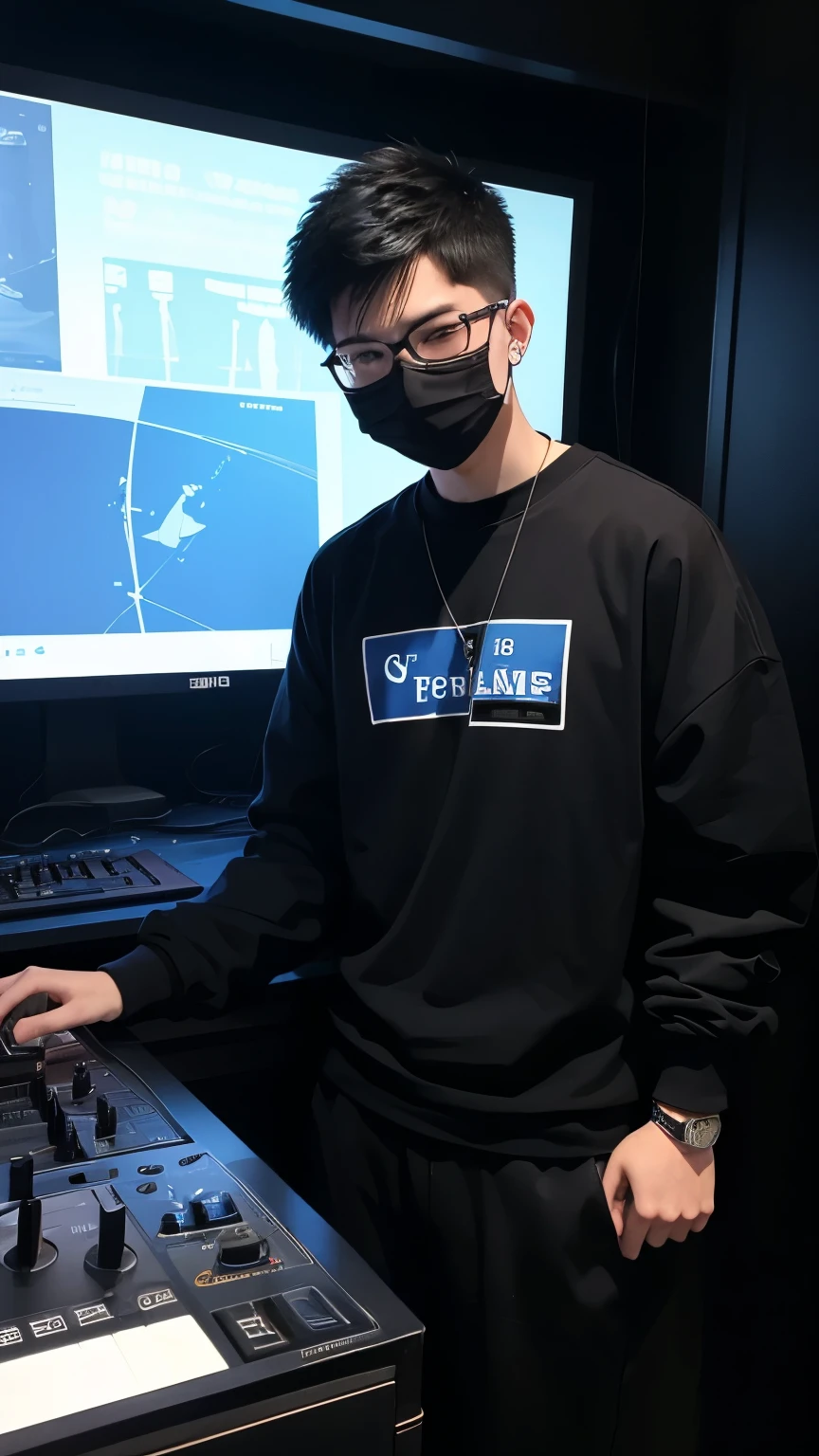 18 year old Shanghai boy, he is wearing a oversized big blue t shirt long Sleeve, he is wearing black Rope trousers, he is wearing black sneakes, he is wearing a mask, he is wearing glasses, he is playing DJ, NIGHTCLUB, full body,