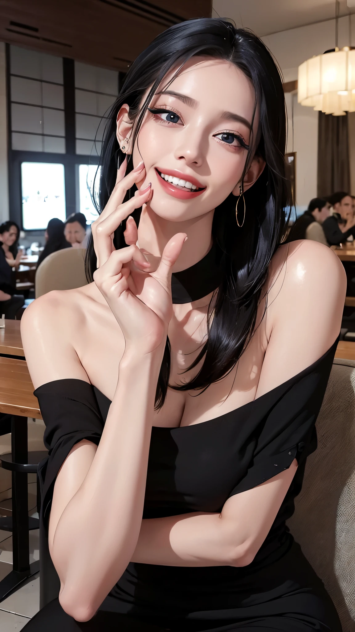  ((((Open your mouth))))、masterpiece,highest quality,High resolution,Very detailed,bb Festival,meだium hair,skinny,,(((((  Captivating smile ))))),skinny,Black Choker,Earrings,Huge cleavage、Off-the-shoulder tight sweater dress、,Race,(( Perfect Fingers )) ,  indoor,(Cafe:1.2),((Blowjob Gestures:1.5))、Open your mouth ,Sitting,Chair,Heavy breathing ,

Accurate 5-finger、Accurate human body、Perfect human body、The most beautiful face