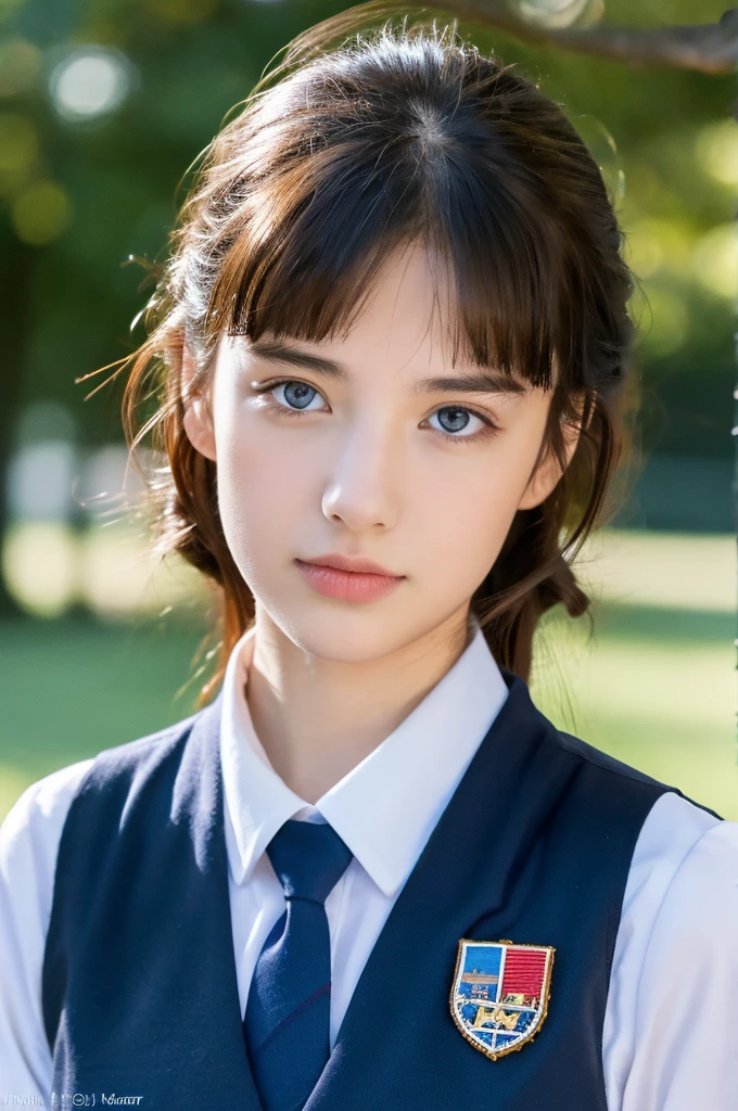 ( masterpiece, top quality, best quality,8k,17 years old girl,ultra detailed,raw photo:1.5),(photorealistic:1.4),(cinematic lighting), PerfectNwsjMajic, , Surrealism, UHD, ccurate, Super detail, textured skin, High detail, Best quality, dynamic angle, (high nose,White skin),[Beautiful blue eyes],[flat chest:large breasts:0.5],(1girl),(good anatomy:0.5)), school uniforms , royal school ,(upper body)
