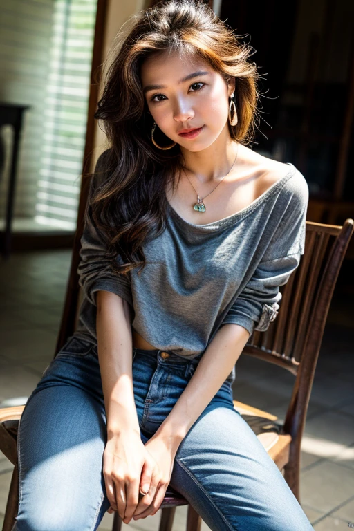 Best quality, masterpiece, ultra high res,(photorealistic:1.4), (raw photo:1.2), (sit on chair:1.2), (detailed :1.1), in indonesia place, half_smile, detailed eyes, (looking at viewer:1.2), (Gray casual clothes), (casual pants:1.2), (beautiful face:1.2), (french twist:1.2), massive tits, a , 18 years old, deep shadow, dark theme, heart tatoo on neck, earring, cute necklace