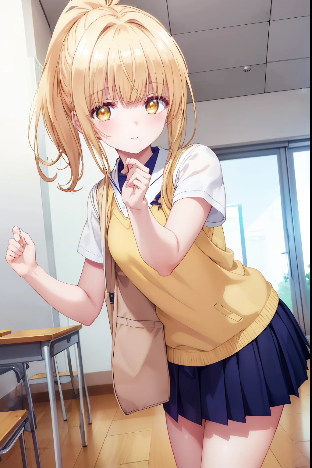 Mahiru shiina, , blonde, (Yellow Eyes:1.3)、ponytail,,blush,smile,Daytime、at school、School classroom、Captivating thighs、Beautiful bare legs, Short-sleeved sailor uniform、very cute、Wear a miniskirt、wearing cute glasses、ta、Small breasts、Cat pose
(masterpiece:1.2), highest quality, High resolution, unity 8k wallpaper, (shape:0.8), (Beautiful and beautiful eyes:1.6), Highly detailed face, Perfect lighting, Extremely detailed CG, (Perfect hands, Perfect Anatomy),
