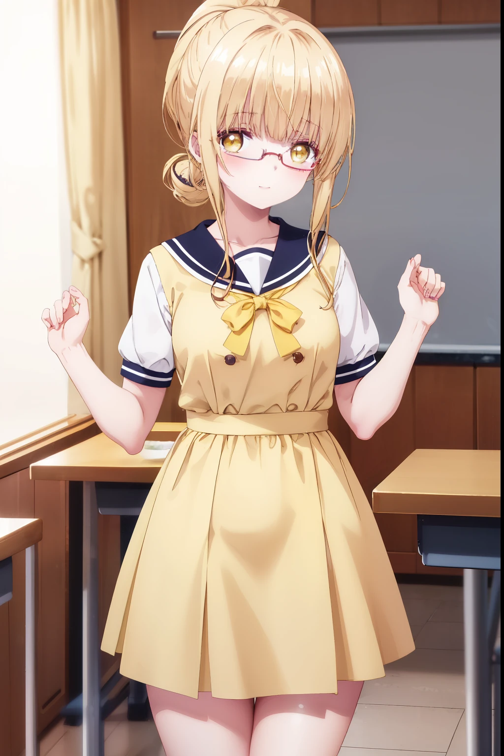 Mahiru shiina, , blonde, (Yellow Eyes:1.3)、ponytail,,blush,smile,Daytime、at school、School classroom、Captivating thighs、Beautiful bare legs, Short-sleeved sailor uniform、very cute、Wear a miniskirt、wearing cute glasses、ta、Small breasts、Cat pose
(masterpiece:1.2), highest quality, High resolution, unity 8k wallpaper, (shape:0.8), (Beautiful and beautiful eyes:1.6), Highly detailed face, Perfect lighting, Extremely detailed CG, (Perfect hands, Perfect Anatomy),