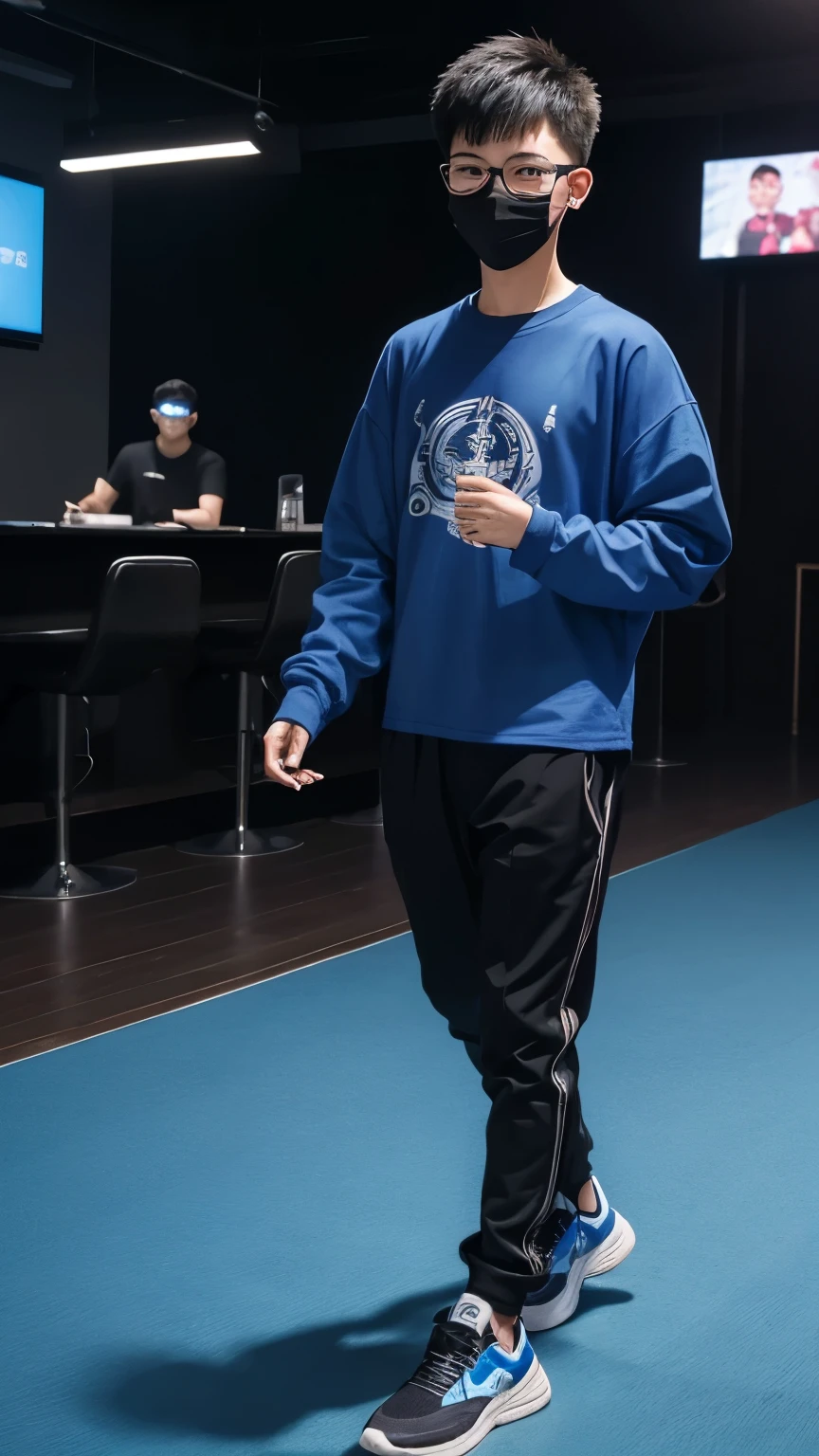 18 year old Shanghai boy, he is wearing a oversized big blue t shirt long Sleeve, he is wearing black Rope trousers, he is wearing black sneakers, he is wearing a mask, he is wearing glasses, he is playing DJ, NIGHTCLUB, full body,