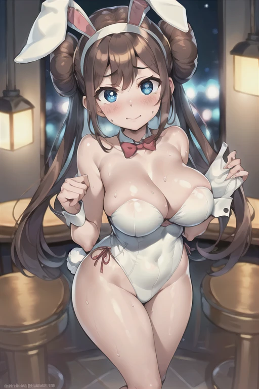 (((masterpiece))), ((highest quality)), (Very detailed), ((High resolution)), ((8k)), (Anatomically correct), (The correct number of fingers), One Woman, Big Breasts, Chestnut Hair, Bun hair, Long Hair, Twin tails, Very cute woman, delicate, Charming smile, Blue eyes, Bright Eyes, Best moment, Vivid eyes, cute, Beautiful Skin, cute顔, delicateな腕, Detailed skin texture, Intricate details, Very detailedな顔, Beautiful Eyes, Thighs, Waistline, Night Bar, ((Bunny girl)), (Fake rabbit ears head dress), Sweat, Shiny clothes, Beautiful legs, blush, upright, Model standing,