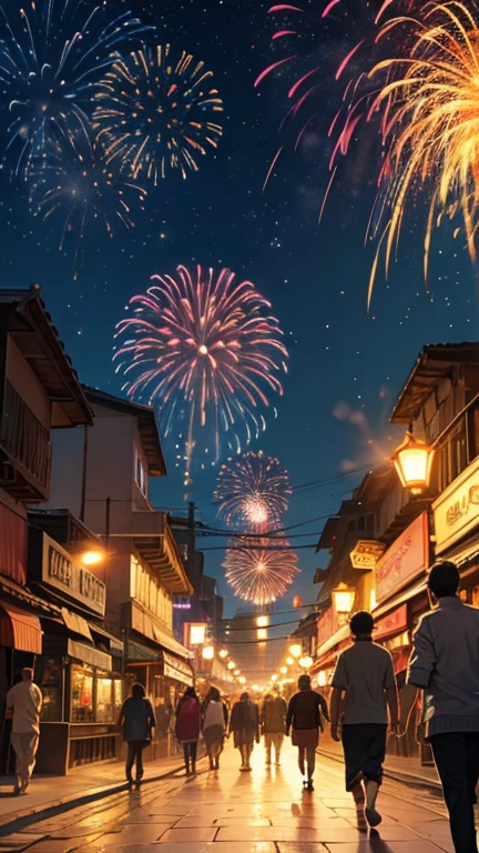 Diwali streets, in the night, vibrant, with fireworks in the sky