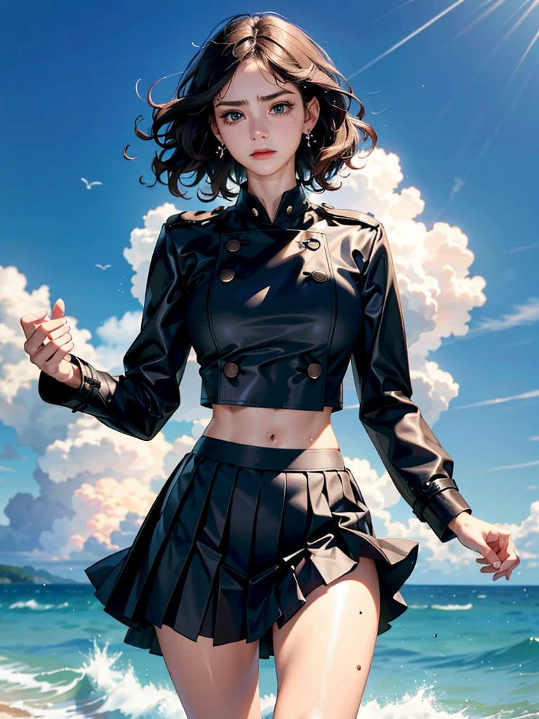 absurdres, RAW photo, extremely delicate and beautiful, masterpiece, Best Quality, ultra high resolution, 32k, hyperrealistic, ultra-detailed, perfect anatomy, anatomically correct, perfect figure, super Detailed skin, 20 years old, very Slim body, narrow waist, very small head, very small face, delicate facial features, detailed face, detailed eyes, tearful mole, earring, thin legs, bare legs, very huge round breasts, short medium hair, ((wavy hair)), wet clothes, ((admiral uniforms)), Skirt, trench coat, midriff, ocean, 