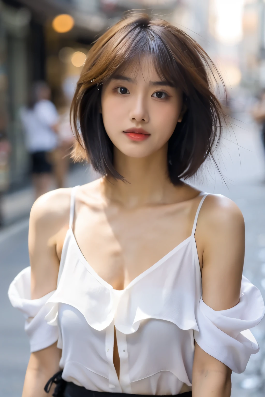 ((Best quality, 8k, Masterpiece: 1.3)), Sharp focus A beautiful woman with perfect body, Slim abdomen, ((Layered haircut: 1.2)), (White shirt), (Street: 1.2), Highly detailed face and skin texture, Detailed eyes, Double eyelid, sexy, dark skin, tanned body, exposed shoulders, cleavage