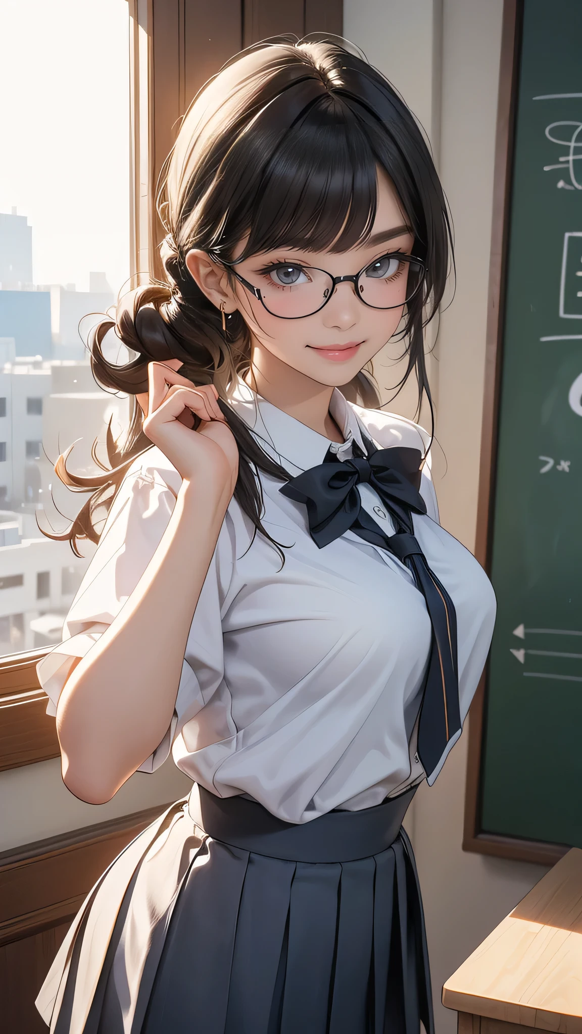 looking at viewer,high school girl,leaning forward,(random school uniform),(random Lively pose),(Thin type),(large breasts:1.2),(random hairstyle:1.2),(Highest image quality, (8K), Ultra-realistic, Best Quality, High quality, High Definition, high quality texture, high detailing, Beautiful detailed, fine detailed, extremely details CG, Detailed texture, realistic representation of face, masterpiece, presence),(wearing glasses:1.1)