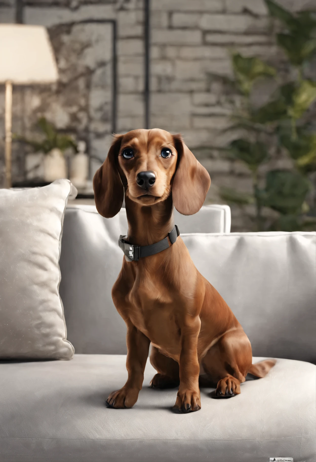 (The whole body is brown, but the hair on the chest is white and impressive.:1.8),Brown miniature dachshund, (Black eyes and nose the nose is fresh and shiny), ((Sitting on the sofa, whole body looking at the camera)), Looks like a lot of fun Sparkling eyes, Open your mouth excitedly, biologically correct,