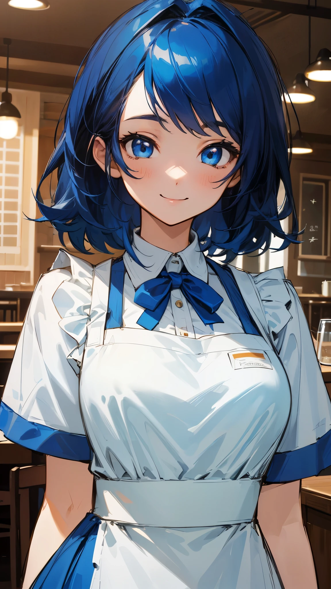 masterpiece、highest quality、High resolution、Very detailed、Detailed Background、1 girl、White blouse、Blue Skirt、Slender body、Upper body close-up、Dark blue hair、blue eyes、smile、Apron appearance、((indoor、morning、Cafe))、Sharp contours、Background blur、The depth of the drawn boundaries