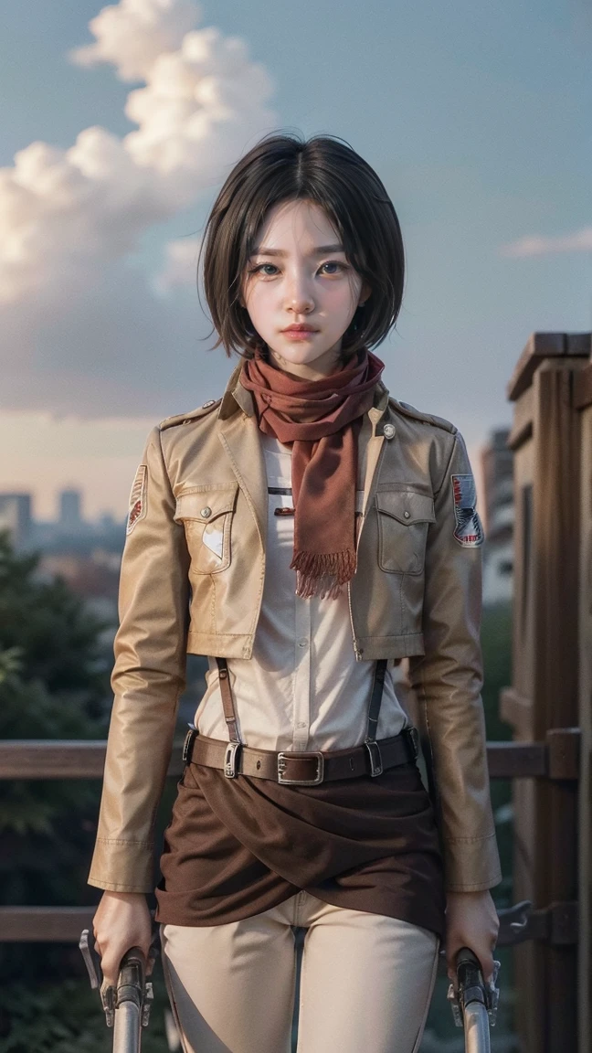 Mikasa, Masterpiece, Best quality, A high resolution, Short hair, Black eyes, Scarf, emblem, belt, thigh band, Red scarf, White pants, Brown jacket, Long sleeves, holding weapon, sword, dual wielding, Three-dimensional motorized gears, Arms spread wide, standing on one leg, Wide shot, sky, Highest quality, high resolution.