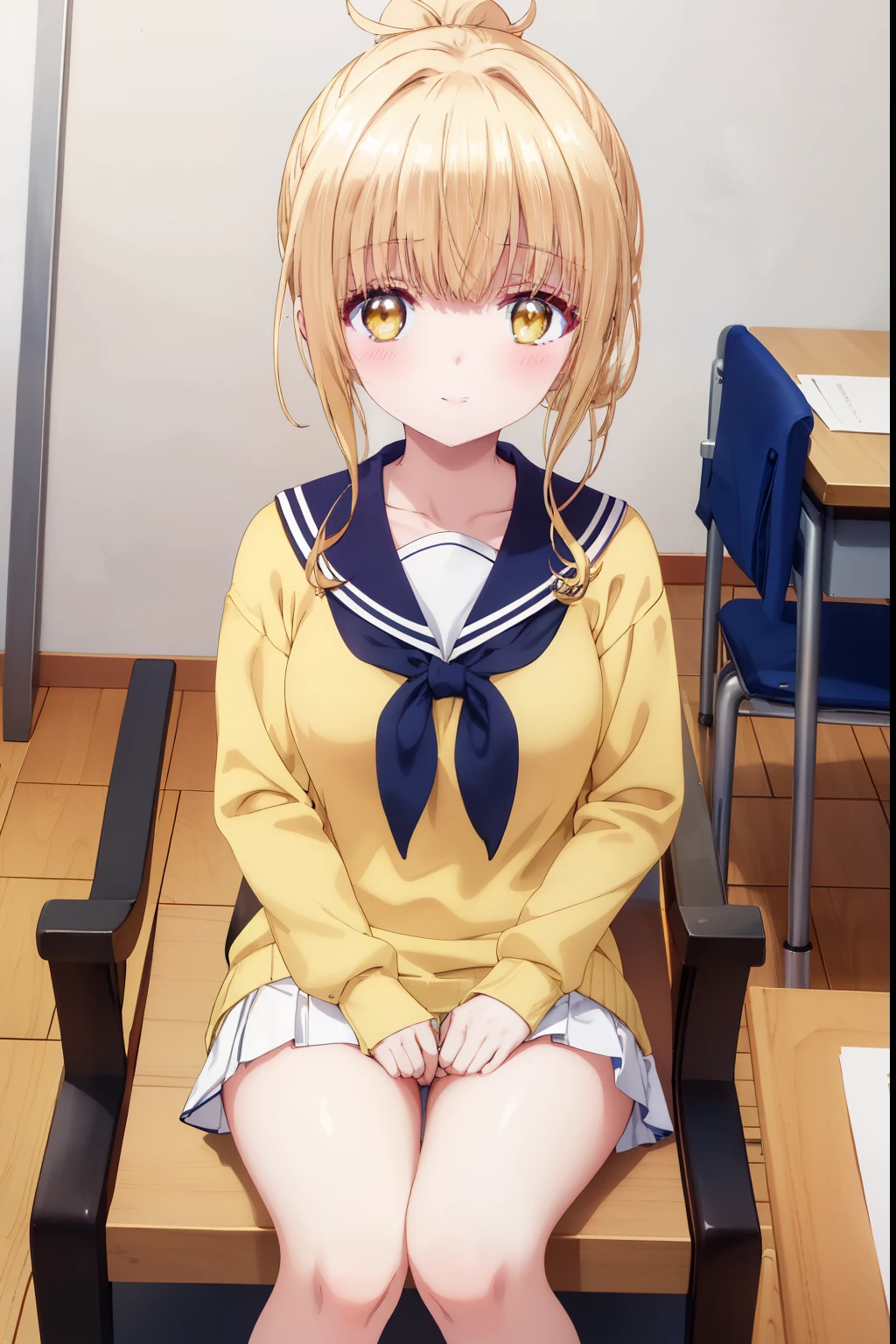 Mahiru shiina, , blonde, (Yellow Eyes:1.3)、ponytail,,blush,smile,Daytime、at school、School classroom、Captivating thighs、Beautiful bare legs, Short-sleeved sailor uniform、very cute、Wear a miniskirt、wearing cute glasses、Lolita、Small breasts、Cat pose
(masterpiece:1.2), highest quality, High resolution, unity 8k wallpaper, (shape:0.8), (Beautiful and beautiful eyes:1.6), Highly detailed face, Perfect lighting, Extremely detailed CG, (Perfect hands, Perfect Anatomy),