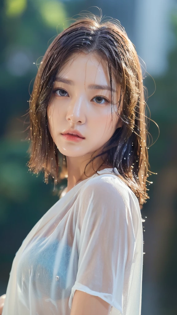 (Best quality, 4k, Masterpiece :1.3), pretty woman, 1girl, (breasts, attractive body :1.2), abs :1.1, dark brown hair: 1.1, (rainy wet, wet from rain, wet body :1.2), ultra-detailed face, detailed lips, detailed eyes, double eyelid