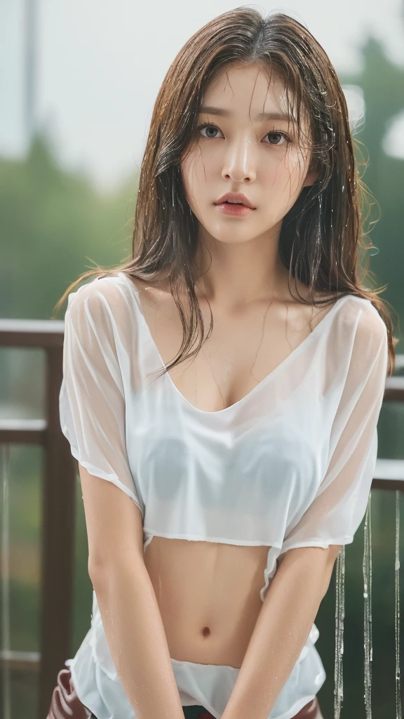 (Best quality, 4k, Masterpiece :1.3), pretty woman, 1girl, (breasts, attractive body :1.2), abs :1.1, dark brown hair: 1.1, (rainy wet, wet from rain, wet body :1.2), ultra-detailed face, detailed lips, detailed eyes, double eyelid