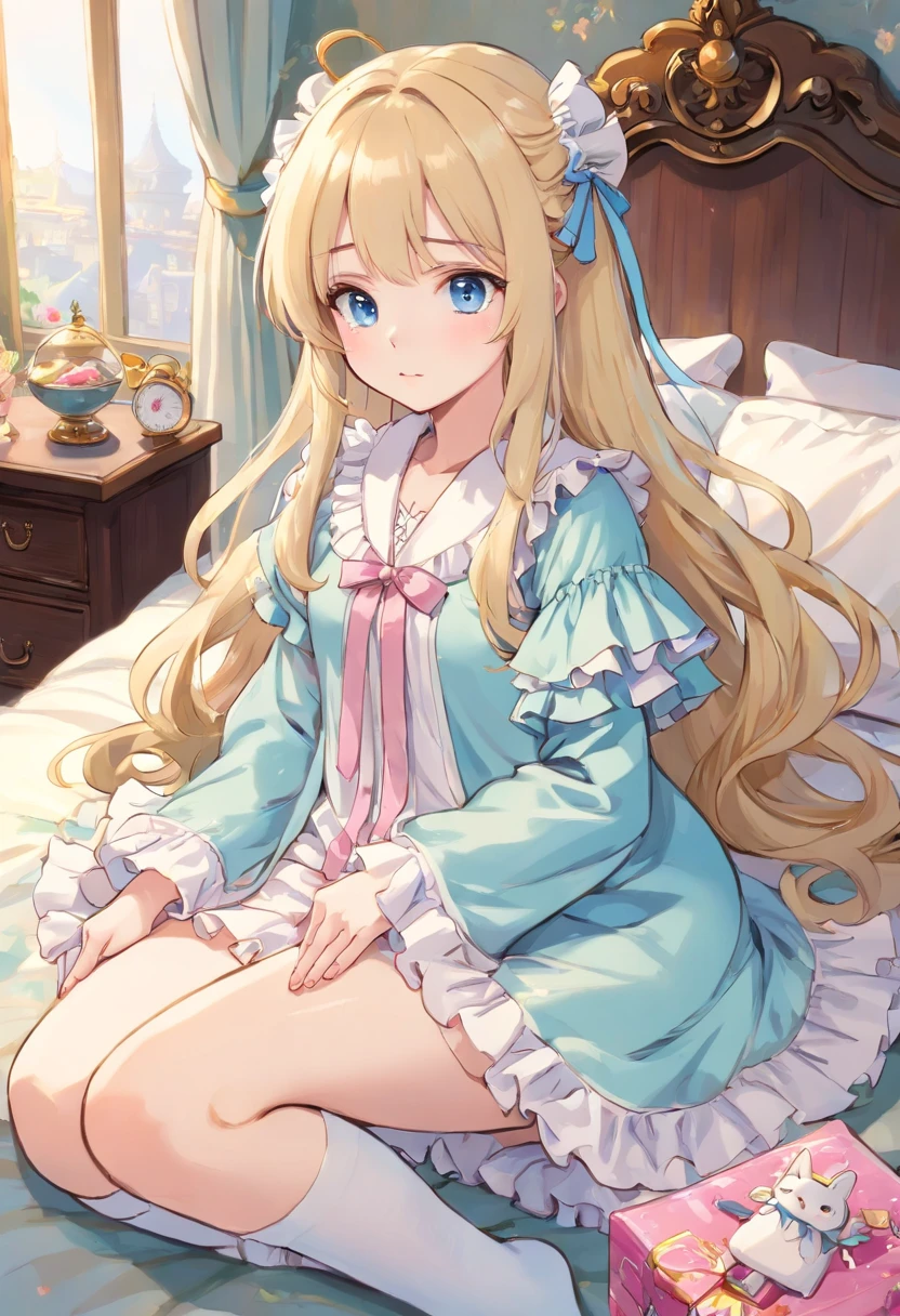 ,highest quality, masterpiece, Highest Resolution, artwork, super それにGet used to it, many Get used to it, Get used to it, それにGet used to it, An illustration,((10 year old girls)),Super detailed baby face,They're both princesses.,detailed luxury tiara,Frilled yoke collar,Fine woven ribbon on chest,Puff sleeves,Long sleeve,((ロリータスタイルのピンクのワンピースのpajamas,Lots of frills and ribbons。)),crazy'Colorful Fashion,luxury,Very long blonde hair,blue eyes,White skin European,pajamas,((Inside the palace)),Girl sitting on bed,Fine white ruffles and lace,Super long hair as long as her body,White long socks,Drawers full of frills,Super long flowing hair,On the bed,豪華な天蓋付きOn the bed,pajamasパーティー,Lots of frilly pillows On the bed,