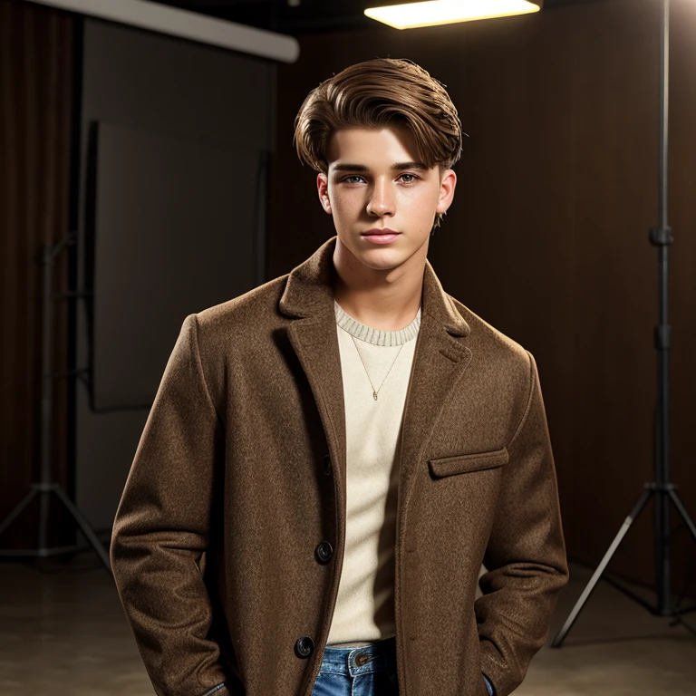young man, twenty years old, short brown hair, designer 90s clothing, photorealistic, realistic, photorealism, indoor studio, glamour shot