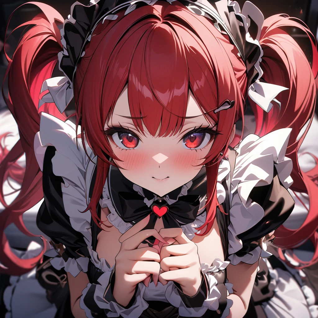 High quality, high definition, hig
h precision images,8k 2girl Robot Girl、red hair,Twin tails,Red eyes.(robot style red and white barrette)、colorful maid Cafe, ((White and red luxurious frilled maid outfit,))Two people make a Flawless heart mark with their hands,Close-up