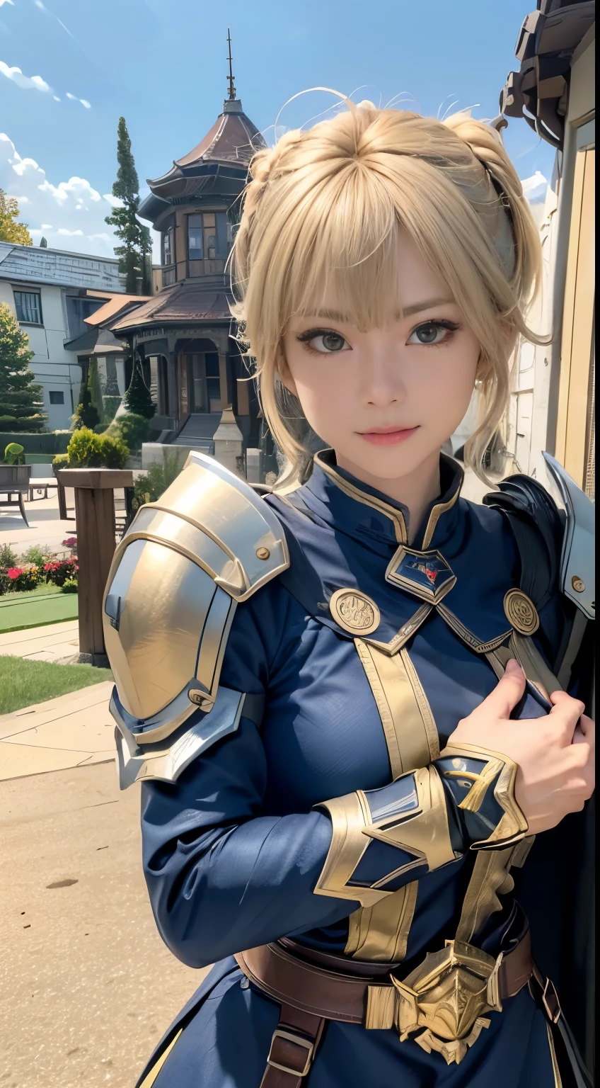 (最high quality, 8k), Shining blonde girl, Brave heroine, A shining golden Scalable sword in his hand, Ultra-high resolution (Ultra-high resolution), masterpiece, Very detailed, Attention to detail, high quality, 最high quality, Clear images, A metal sword with an exquisite texture, The delicate reflection of the blade, Intricately detailed facial features, Pores and wrinkles, Realistic depiction of veins and muscles, Ultra-high resolution, Incredibly clear clothing textures, The height of authenticity.