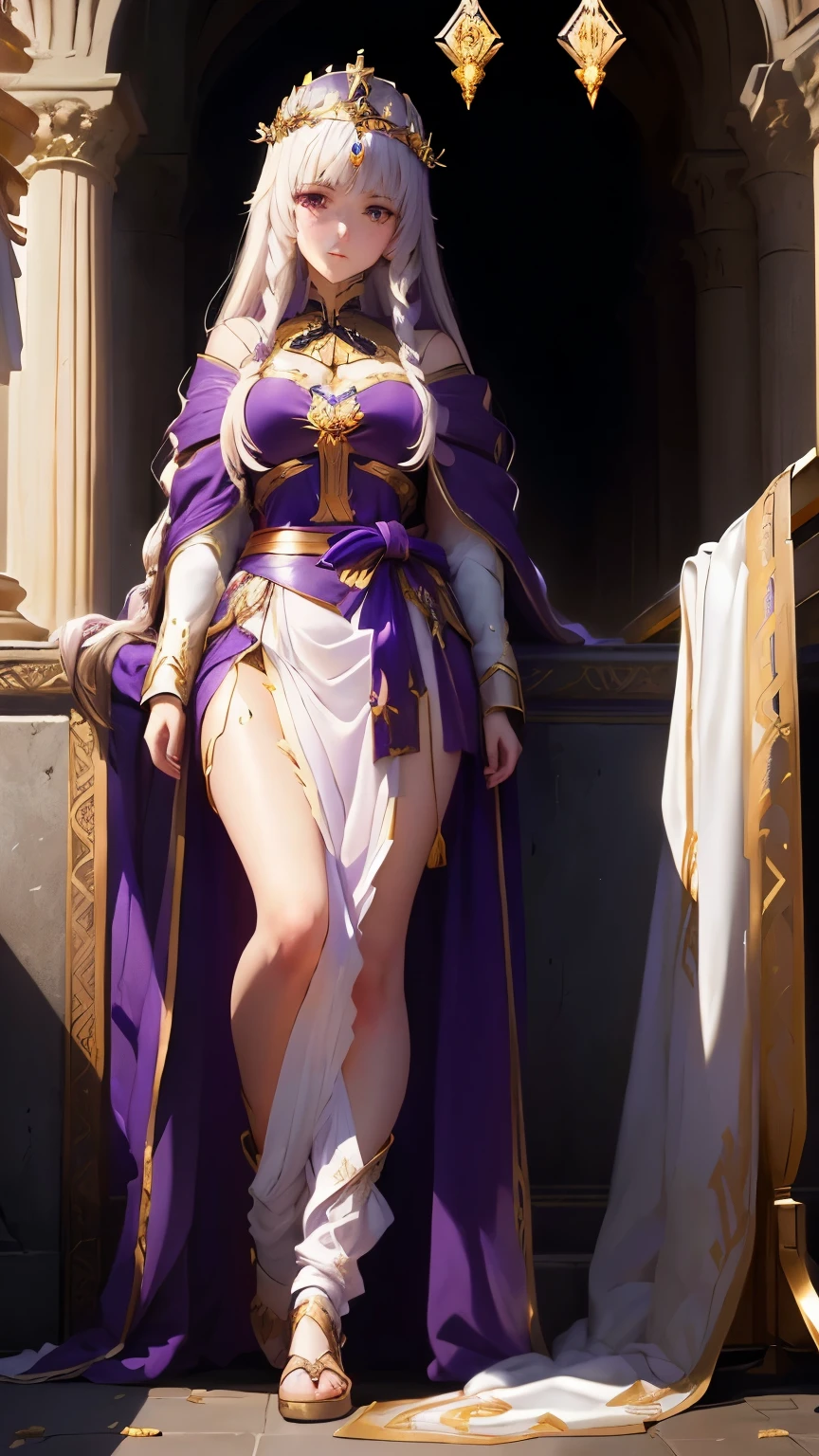 A beautiful maiden,Wearing a laurel wreath,White princess braided hair,Long hair down to waist,Wearing a purple Roman robe,A white robe is covered under the robe,Gives a feeling of a Roman astrologer、Anime girl wearing a crown, Anime style like fate/overnight, Artwork in the style of Guweiz, guweiz, Produced in collaboration with Anime Painter Studio, fate grand order, In the anime painter studio, No games, no life, Young anime girl, Lolich, wearing a crown and cape, Smooth anime CG art