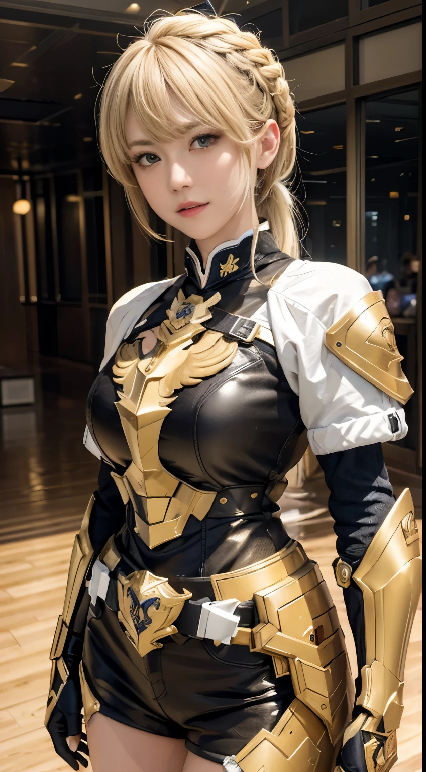 (最high quality, 8k), Shining blonde girl, Brave heroine, A shining golden Scalable sword in his hand, Ultra-high resolution (Ultra-high resolution), masterpiece, Very detailed, Attention to detail, high quality, 最high quality, Clear images, A metal sword with an exquisite texture, The delicate reflection of the blade, Intricately detailed facial features, Pores and wrinkles, Realistic depiction of veins and muscles, Ultra-high resolution, Incredibly clear clothing textures, The height of authenticity.