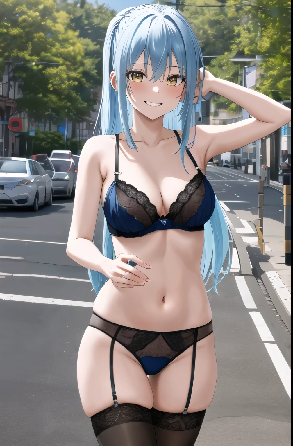 masterpiece, best quality, highres, rimuru tempest, blue hair, long hair, medium breasts, stocking, cleveage, show stomach, lingerie, cowboy shot, standing, looking at viewer, city road, outdoor, modern city road, blush, shy, smile, show teeth, sexy pose,