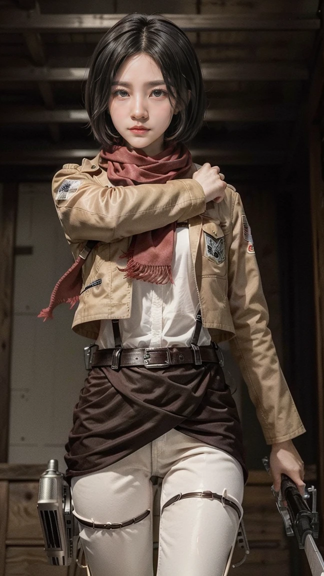 Mikasa, Masterpiece, Best quality, A high resolution, Short hair, Black eyes, Scarf, emblem, belt, thigh band, Red scarf, White pants, Brown jacket, Long sleeves, holding weapon, sword, dual wielding, Three-dimensional motorized gears, Arms spread wide, standing on one leg, Wide shot, sky, Highest quality, high resolution.