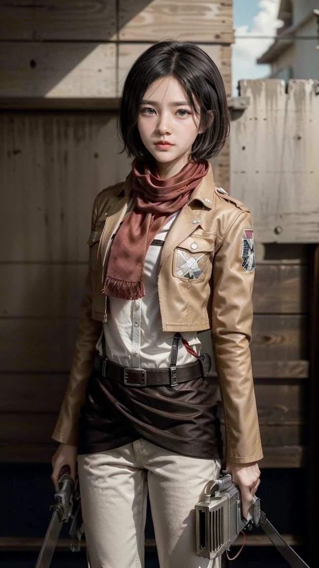 Mikasa, Masterpiece, Best quality, A high resolution, Short hair, Black eyes, Scarf, emblem, belt, thigh band, Red scarf, White pants, Brown jacket, Long sleeves, holding weapon, sword, dual wielding, Three-dimensional motorized gears, Arms spread wide, standing on one leg, Wide shot, sky, Highest quality, high resolution.
