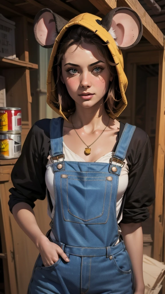 {{{highest quality}}}, {{Very detailed}}, {{Very delicate and beautiful}}, (highest quality, In 8K, 32k, )、Slums、realistic oil painting 、Girl wearing a mouse head hood、Mouse Overalls、Canned food necklace、American Urban Style、Line art
