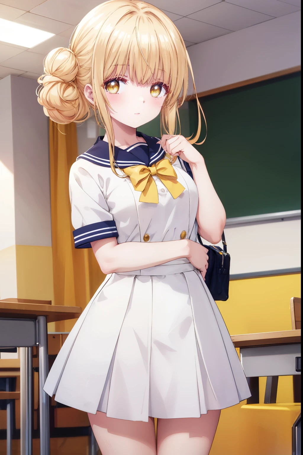 Mahiru shiina, , blonde, (Yellow Eyes:1.3)、Bun Hair,,blush,smile,Daytime、at school、School classroom、Captivating thighs、Beautiful bare legs, Short-sleeved sailor uniform、very cute、Wear a miniskirt、wearing cute glasses、Lolita、Small breasts、Cat pose
(masterpiece:1.2), highest quality, High resolution, unity 8k wallpaper, (shape:0.8), (Beautiful and beautiful eyes:1.6), Highly detailed face, Perfect lighting, Extremely detailed CG, (Perfect hands, Perfect Anatomy),