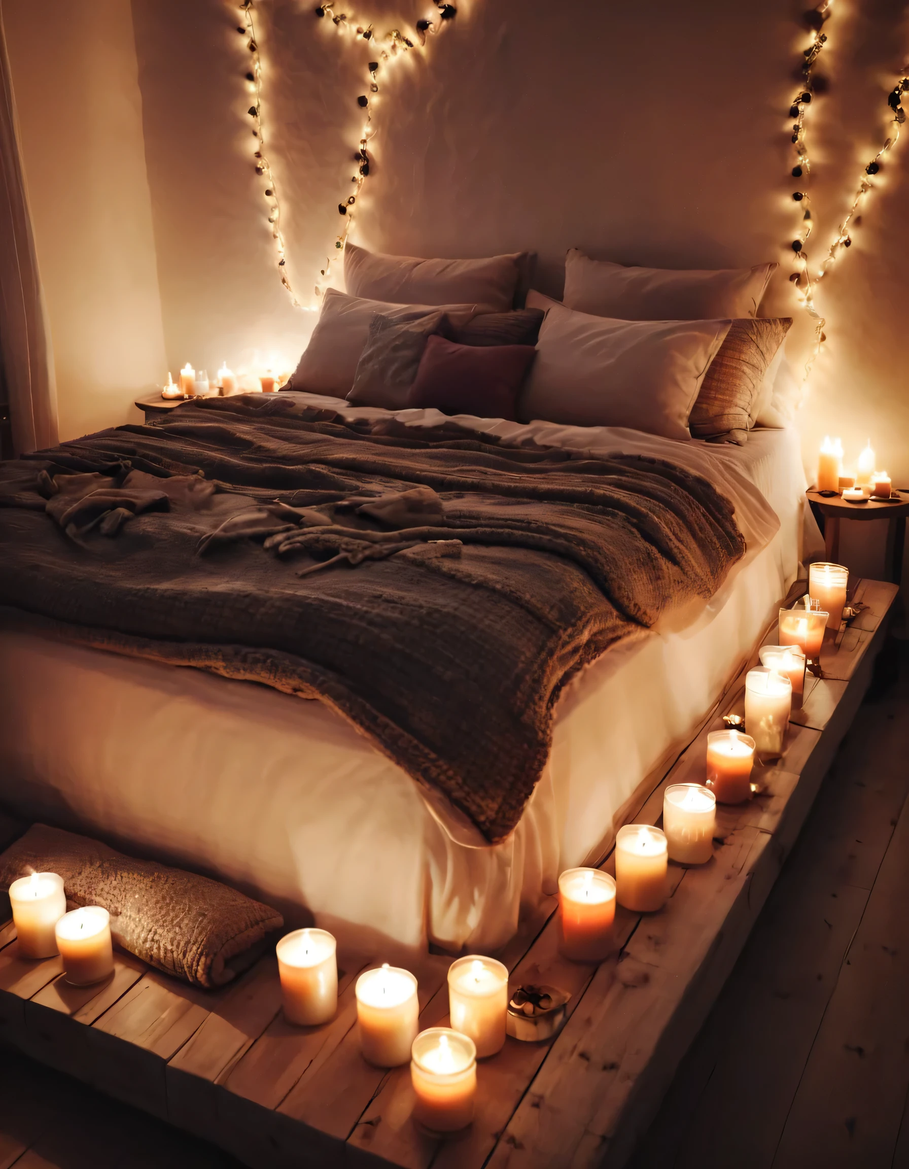 arafed bedroom with a bed and a lot of candles on the floor, cozy atmospheric, cozy lights, lit with candles, cozy lighting, dreamy and romantic, cozy and peaceful atmosphere, cozy candlelight, cosy atmoshpere, cozy setting, cozy and calm, cozy place, cozy bed, room full of candles, cozy room, cozy atmosphere