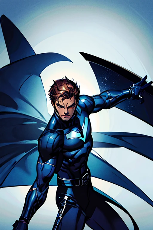 superhero man, wears dark blue armor, wears dark blue armor pants, wears black gloves, and has black stripes on both sides of arms, has no logo on armor, has brown hair, wears black face mask, wears yellow ski goggles, and lives in superhero base