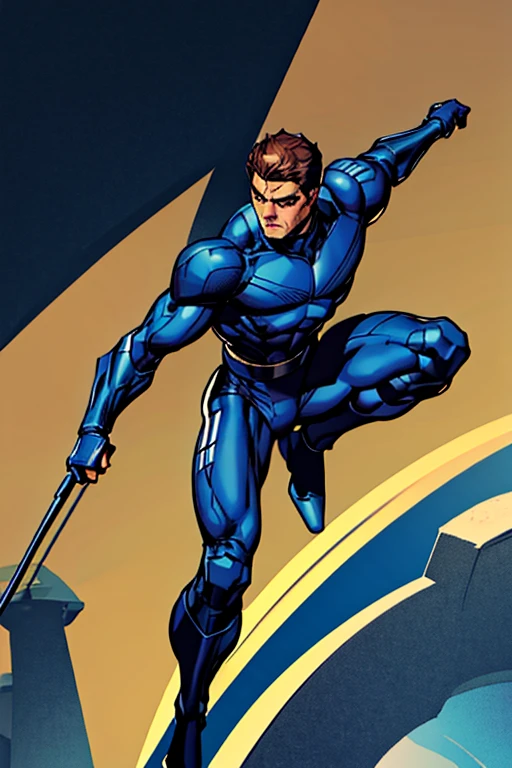 superhero man, wears dark blue armor, wears dark blue armor pants, wears black gloves, and has black stripes on both sides of arms, has no logo on armor, has brown hair, wears black face mask, wears yellow ski goggles, and lives in superhero base