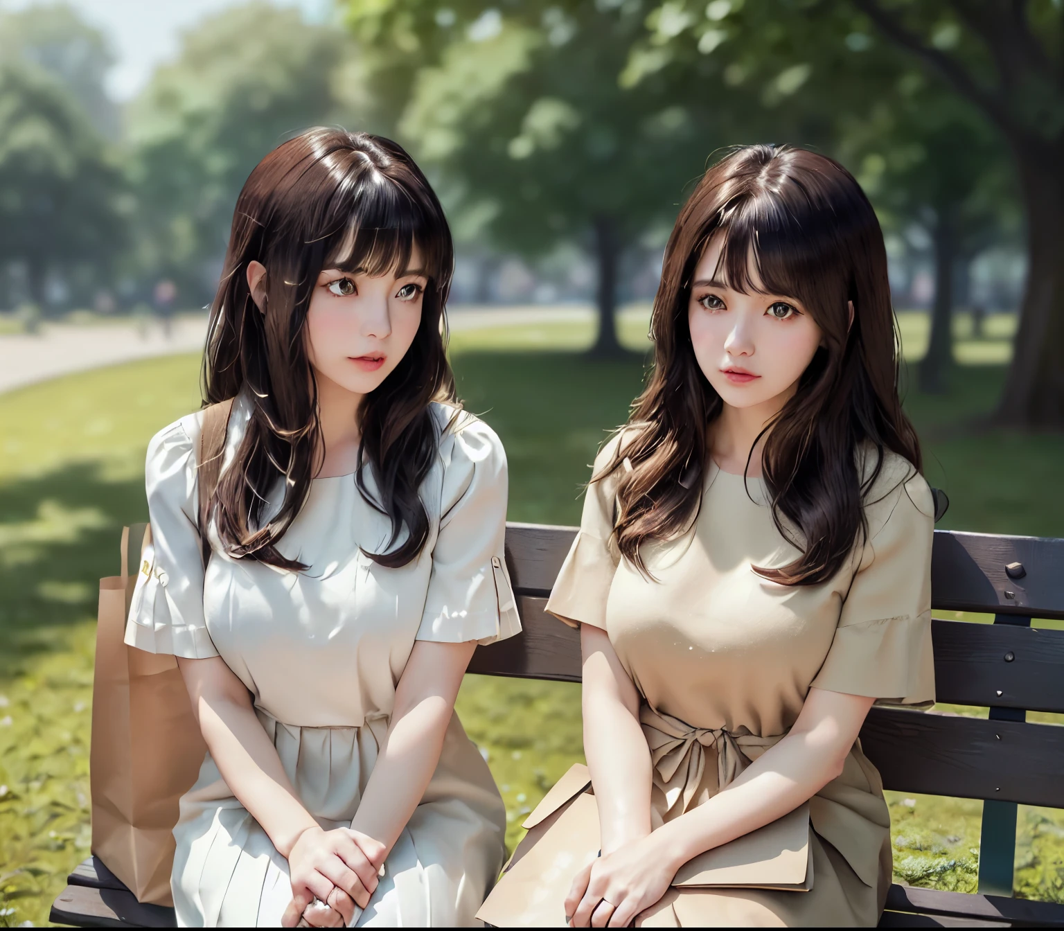 2lady, Sit on it (Bench end), (Office staff outfit) fashionable, Mature female, /(Brown hair/) Bangs, (Looking at the phone), (Masterpiece Best Quality:1.2) Exquisite illustrations with rich details, large breasts rest /(Black Hair/) Bangs, (Staring into the distance) rest ((Simple paper bag:1.2) Sitting in the middle of the bench) rest (Ordinary city park) outdoor, (green landscape), noon, Detailed background