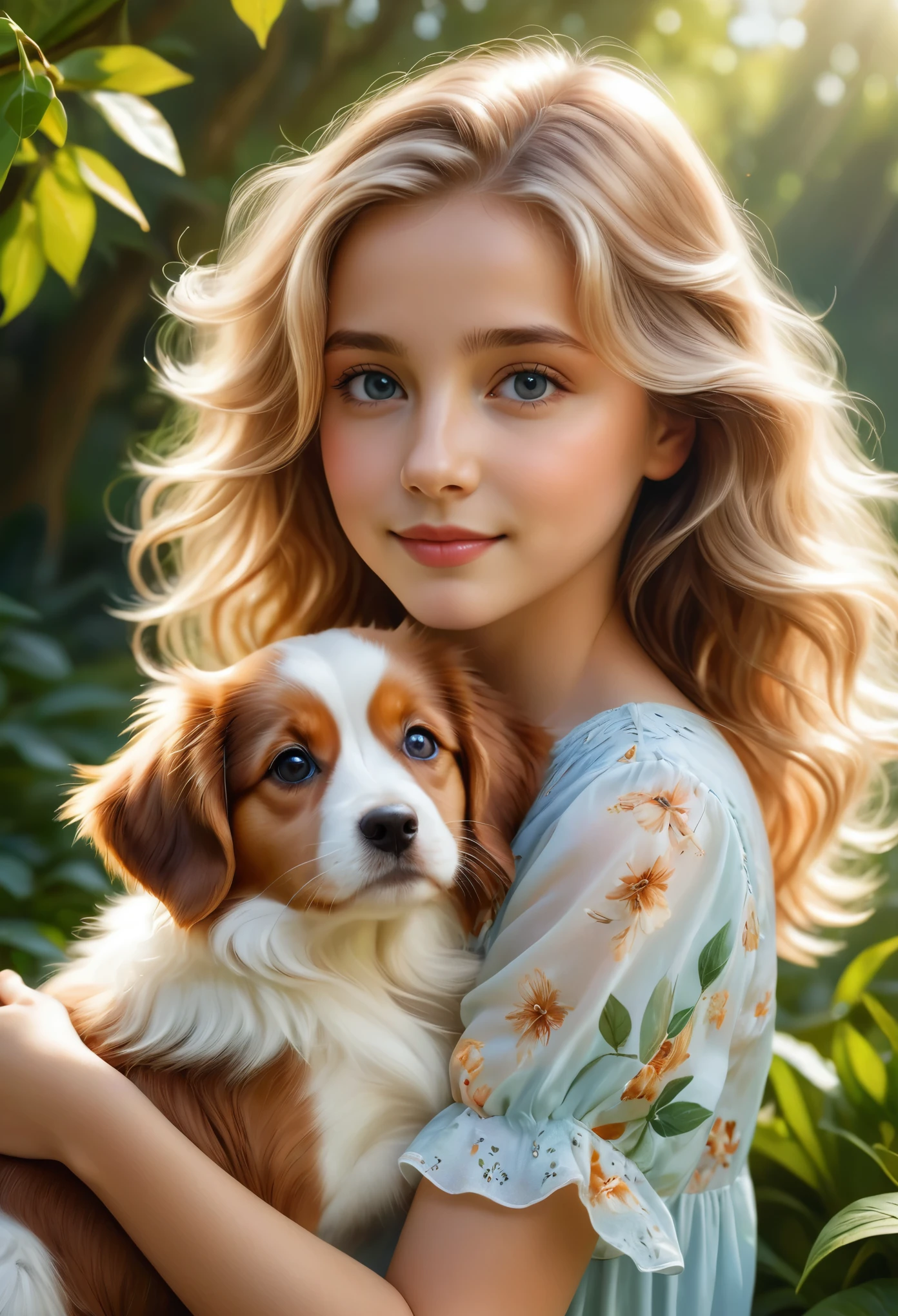 (highest quality,4K,8k,High resolution,masterpiece:1.2),Very detailed,(Realistic,photoRealistic,photo-Realistic:1.37),realistic,portraits,beautiful girl,holding a Kooikerhondje,paintings,soft brushstrokes,vibrant colors,garden background,detailed girl's eyes,detailed girl's lips,peaceful expression,flowing dress, figure,gentle smile,natural sunlight,lush greenery,playful puppy,wavy hair,subtle shadows,delicate features,captivating gaze,sunlight filtering through trees,botanical elements,floral patterns,endearing bond,bright and cheerful atmosphere,innocent charm,loving connection between girl and puppy,accurate portrayal of the Kooikerhondje's appearance,tender interaction,dimensional and lifelike representation,capturing the emotional connection between humans and animals,positive and heartwarming vibes,impeccable attention to detail,carefully composed composition,realistic fur texture and color rendering,subtle highlights and shading,impressionistic brushwork,ethereal and dreamlike quality, blond hair, 16 years old